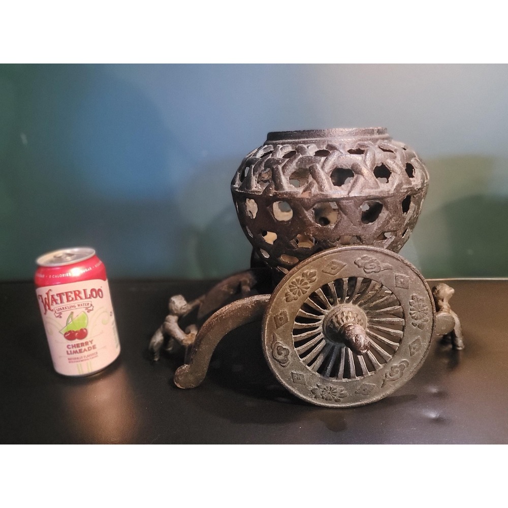 Vintage Cast Iron Stamped JAPAN Japanese Cart Figures Orchid Planter Ikebana - Picture 11 of 12